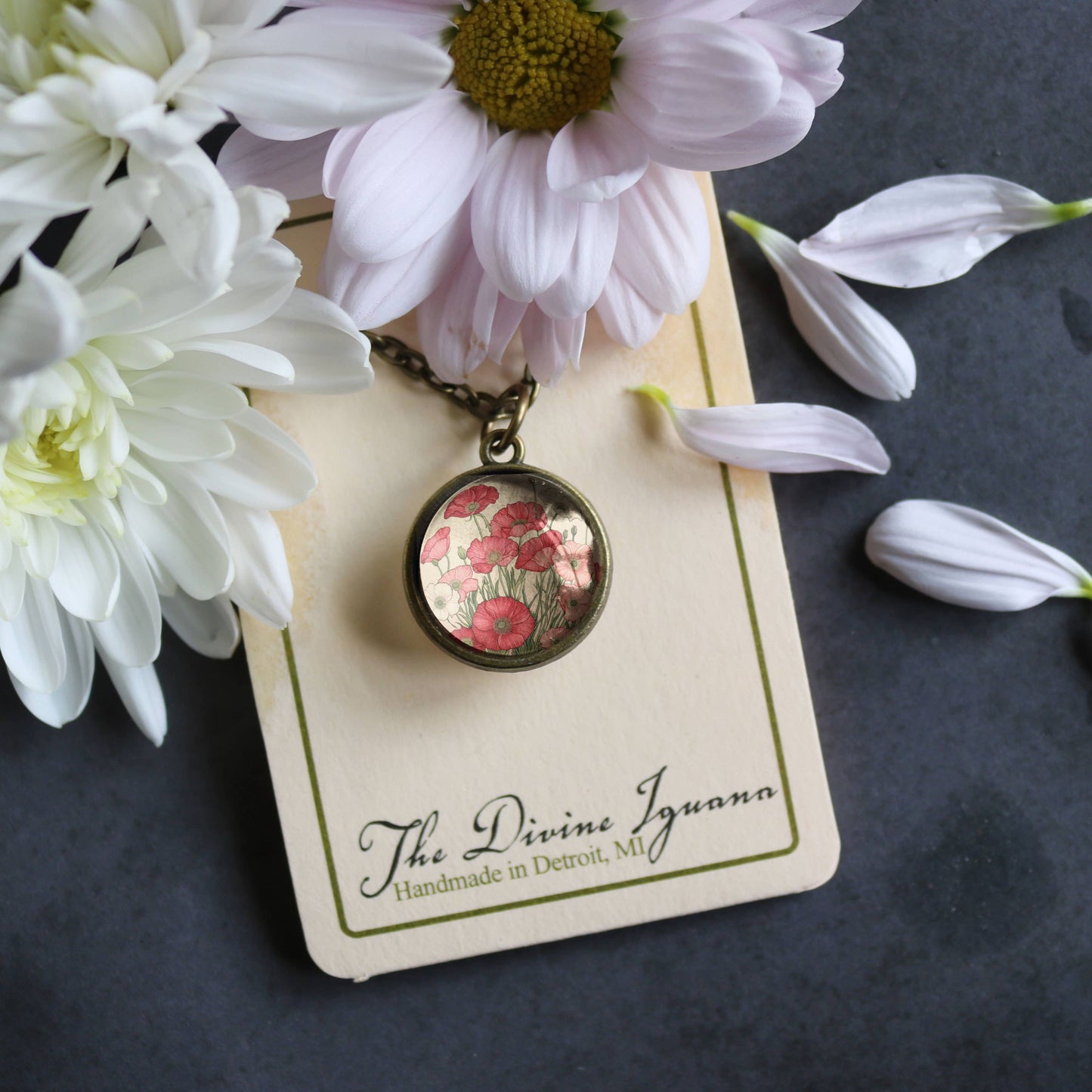 Pink Poppy Flower Simple Reversible Glass Cabochon Necklace