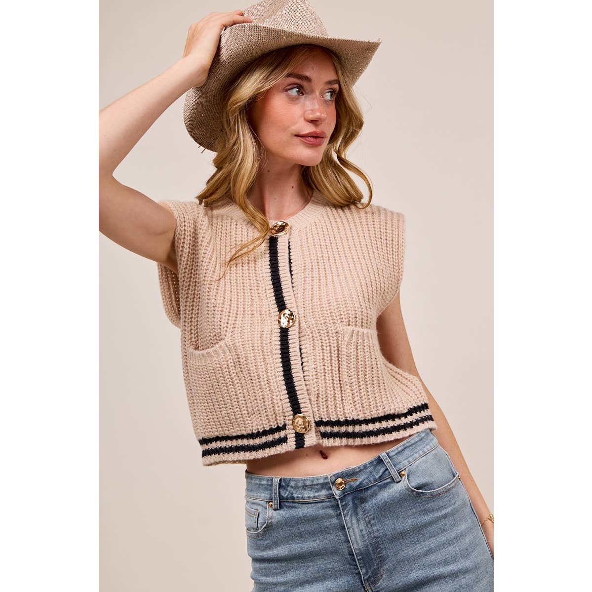 BIG METAL BUTTON FRONT STRIPE EDGE KNITTED SWEATER VEST TOP