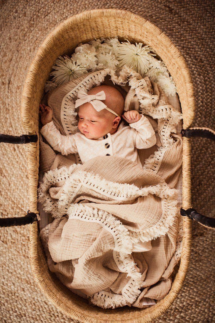 Fringe Swaddle Blanket - Tan