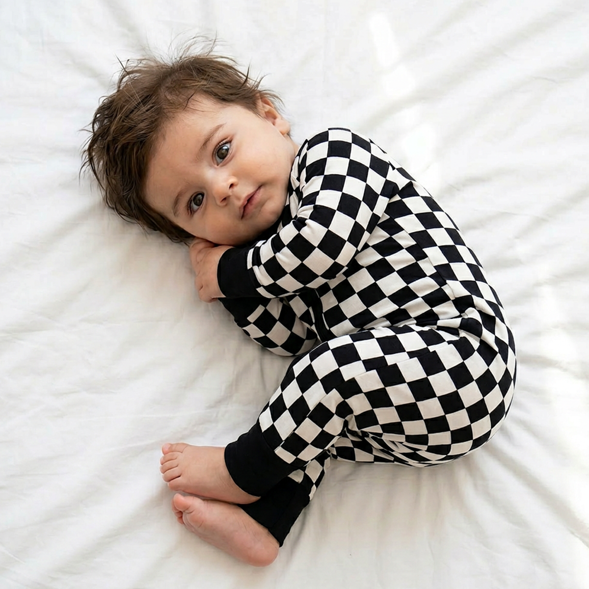 Black and White Checkerboard Design Bamboo Zipper Romper Pajamas