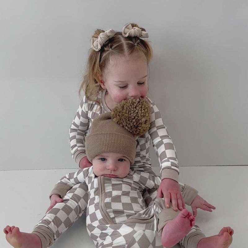 Light Gray Checkerboard Design Bamboo Zipper Romper Pajamas