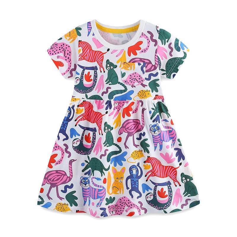 Cartoon Animal Print Short Sleeve Dress for Girls