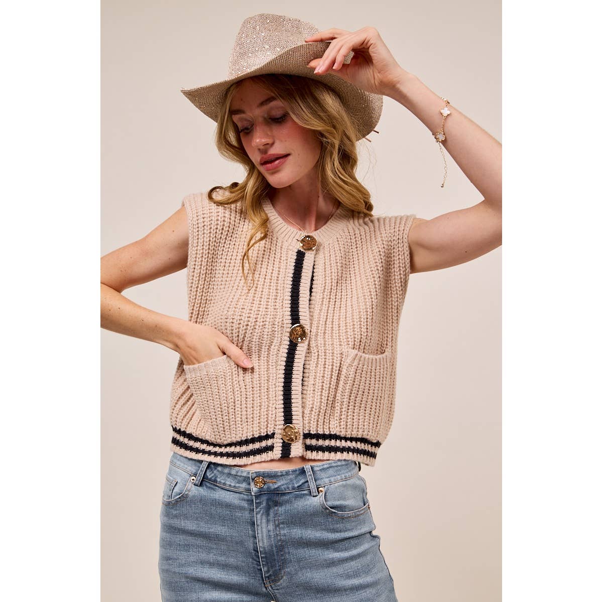 BIG METAL BUTTON FRONT STRIPE EDGE KNITTED SWEATER VEST TOP