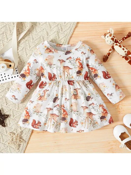 All Over Forest Animals Print Long Sleeve Dress