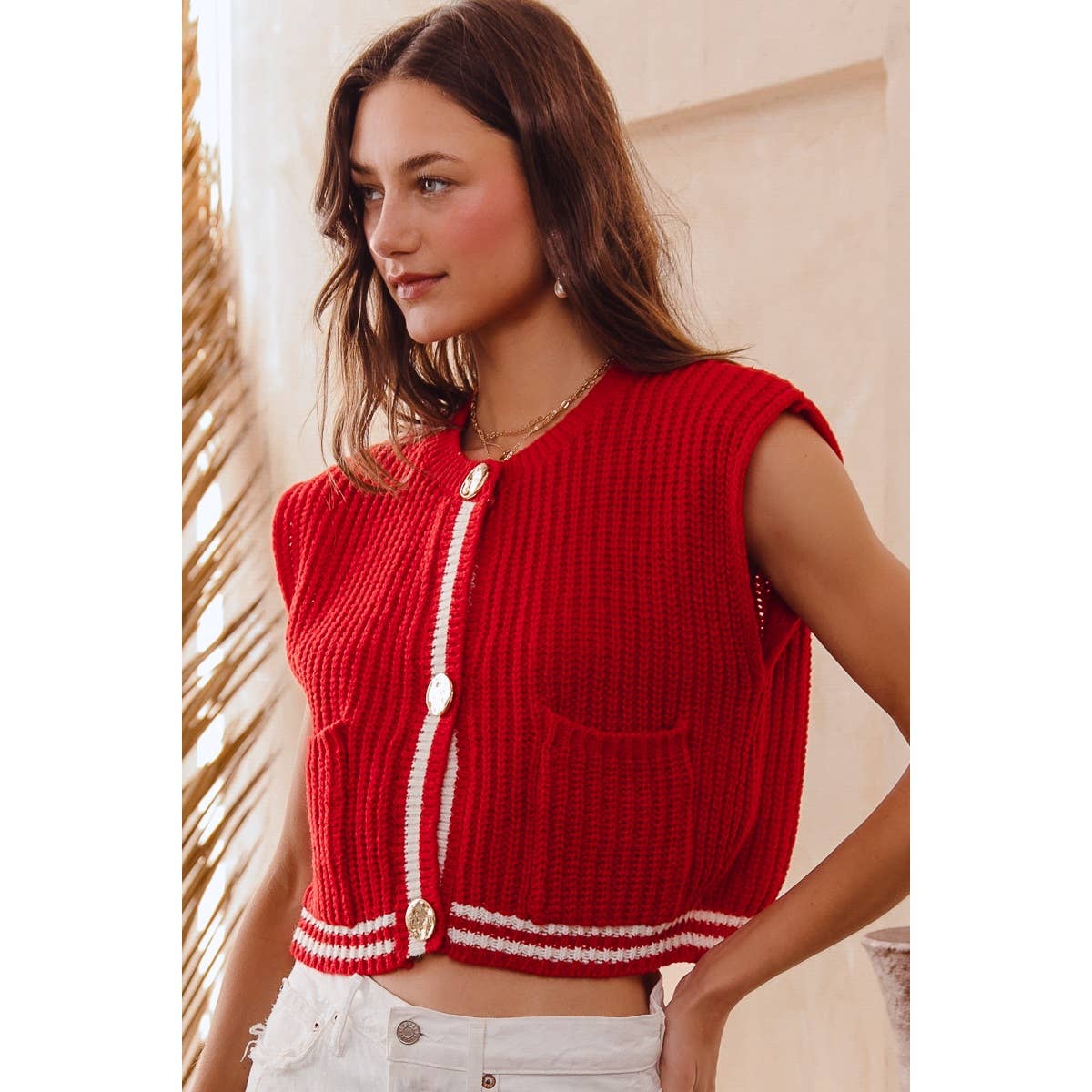 BIG METAL BUTTON FRONT STRIPE EDGE KNITTED SWEATER VEST TOP