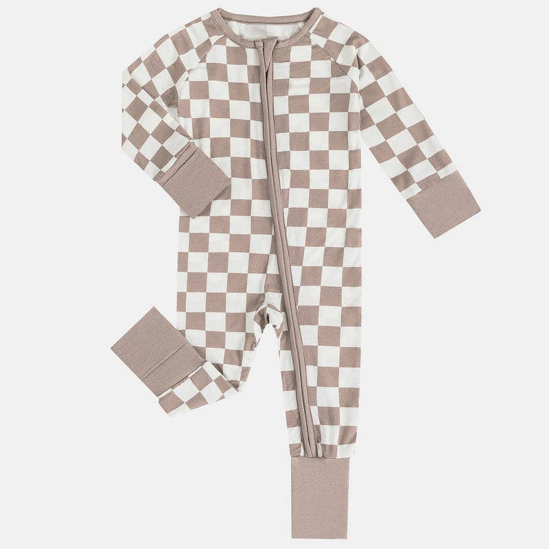 Light Gray Checkerboard Design Bamboo Zipper Romper Pajamas