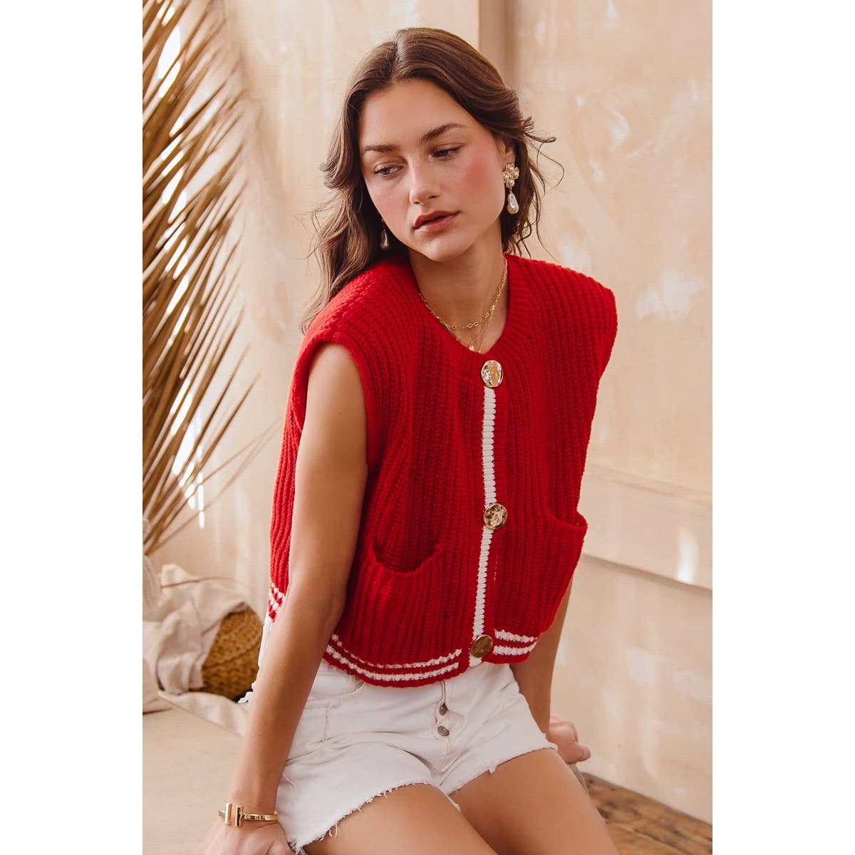 BIG METAL BUTTON FRONT STRIPE EDGE KNITTED SWEATER VEST TOP
