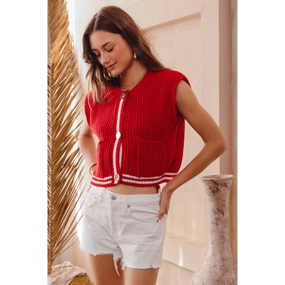 BIG METAL BUTTON FRONT STRIPE EDGE KNITTED SWEATER VEST TOP