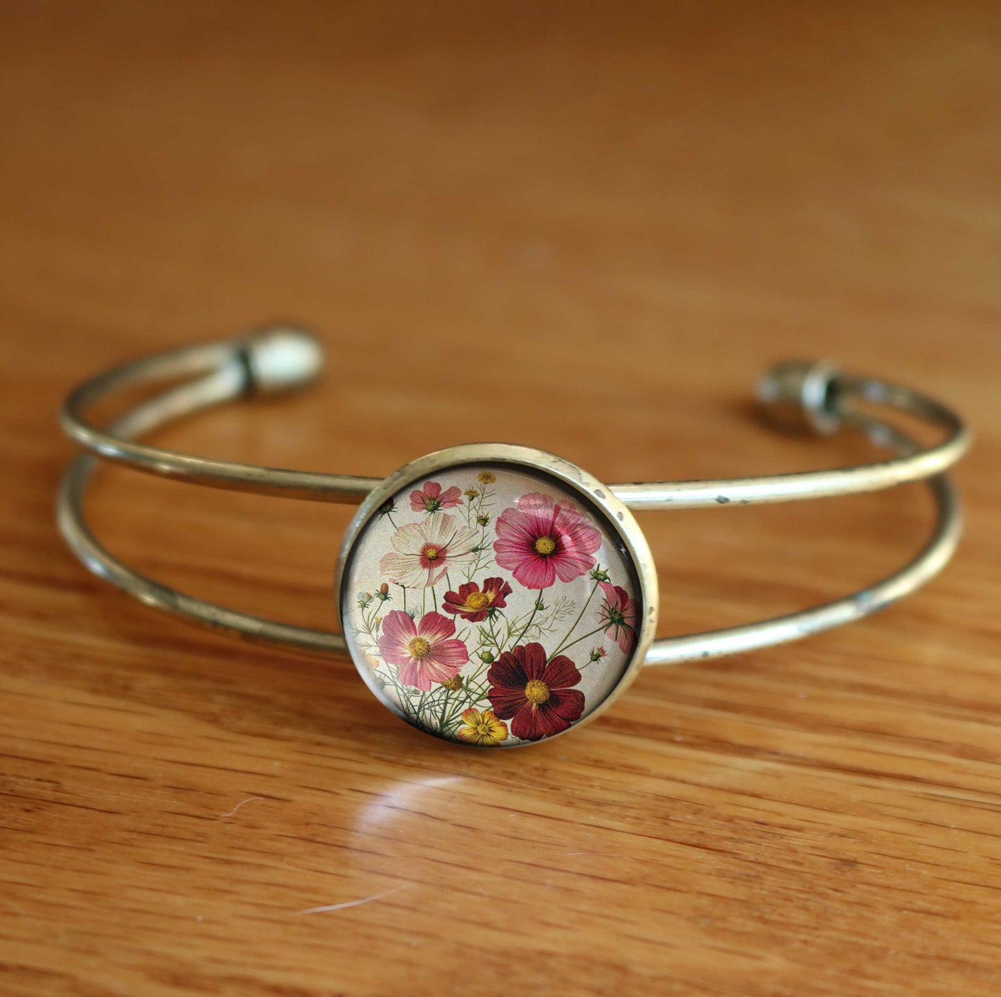 Cosmo Flowers Glass Cabochon and Brass Cuff Bracelet
