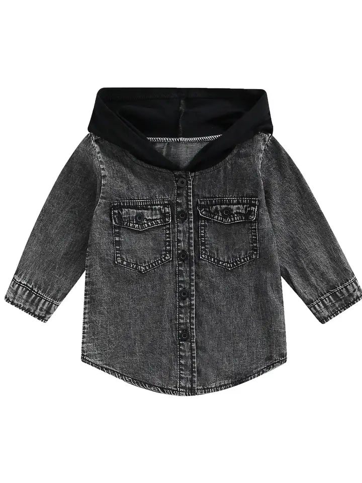 Kids Hooded Denim Button-Up - Black