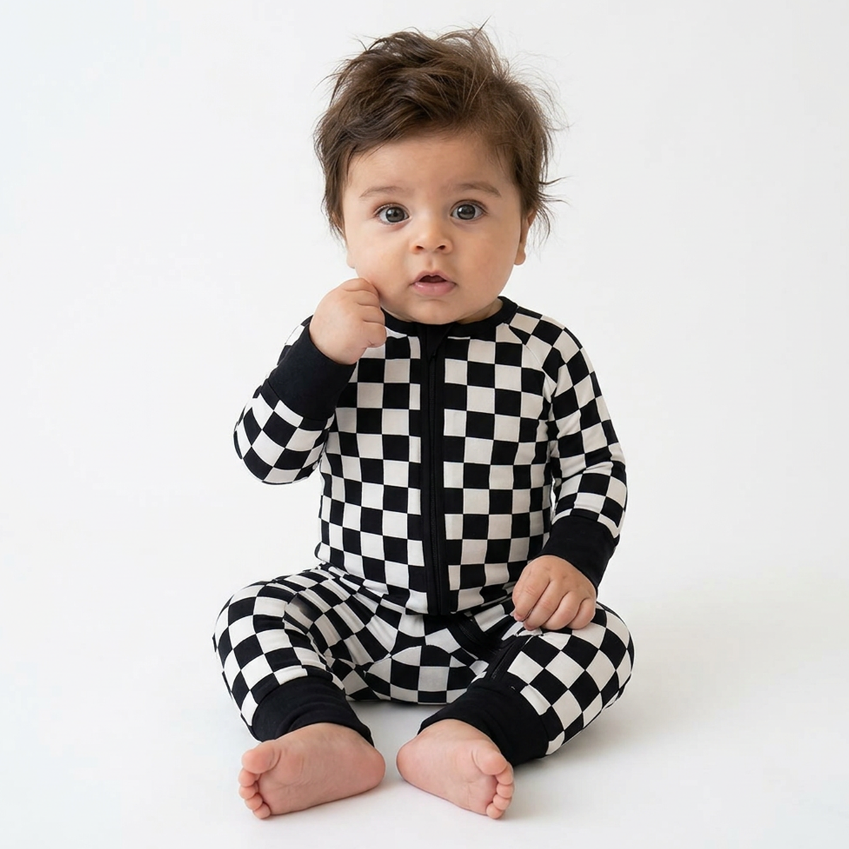 Black and White Checkerboard Design Bamboo Zipper Romper Pajamas