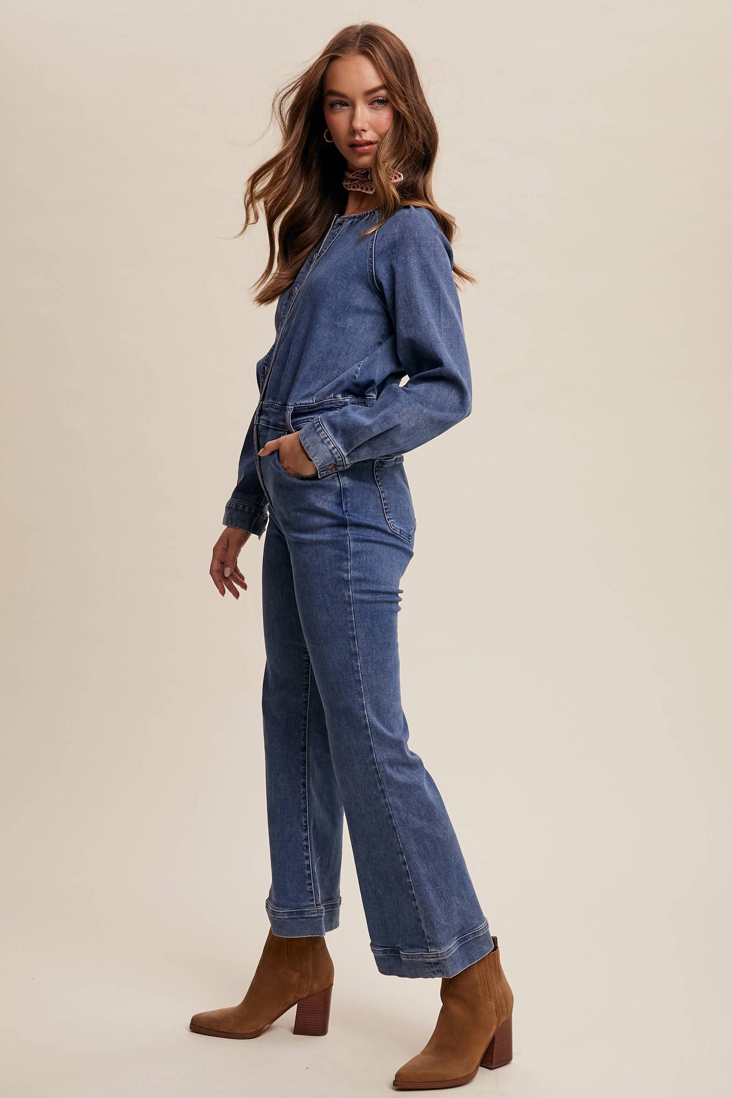 Denim Button-Front Jumpsuit