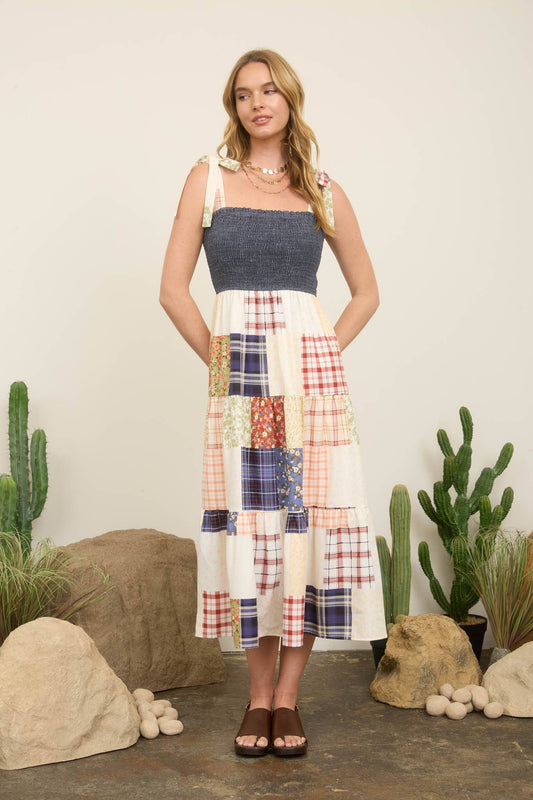 SMOCKED DENIM PATCHWORK DETAIL TIERED MAXI DRESS