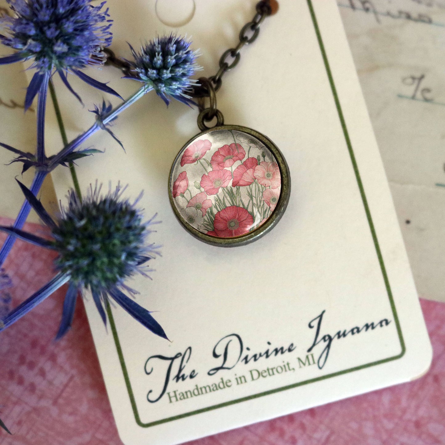 Pink Poppy Flower Simple Reversible Glass Cabochon Necklace