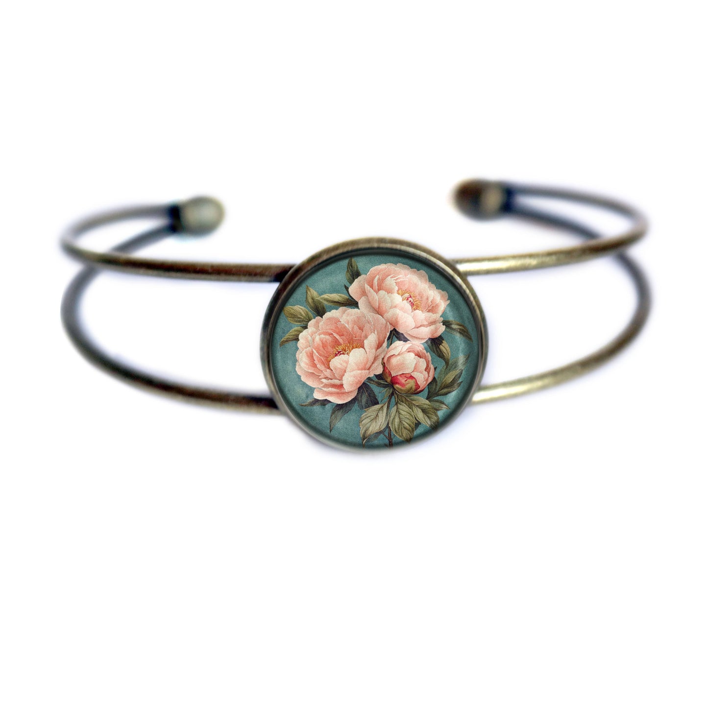 Pink Peony Spring Glass Cabochon Cuff Bracelet