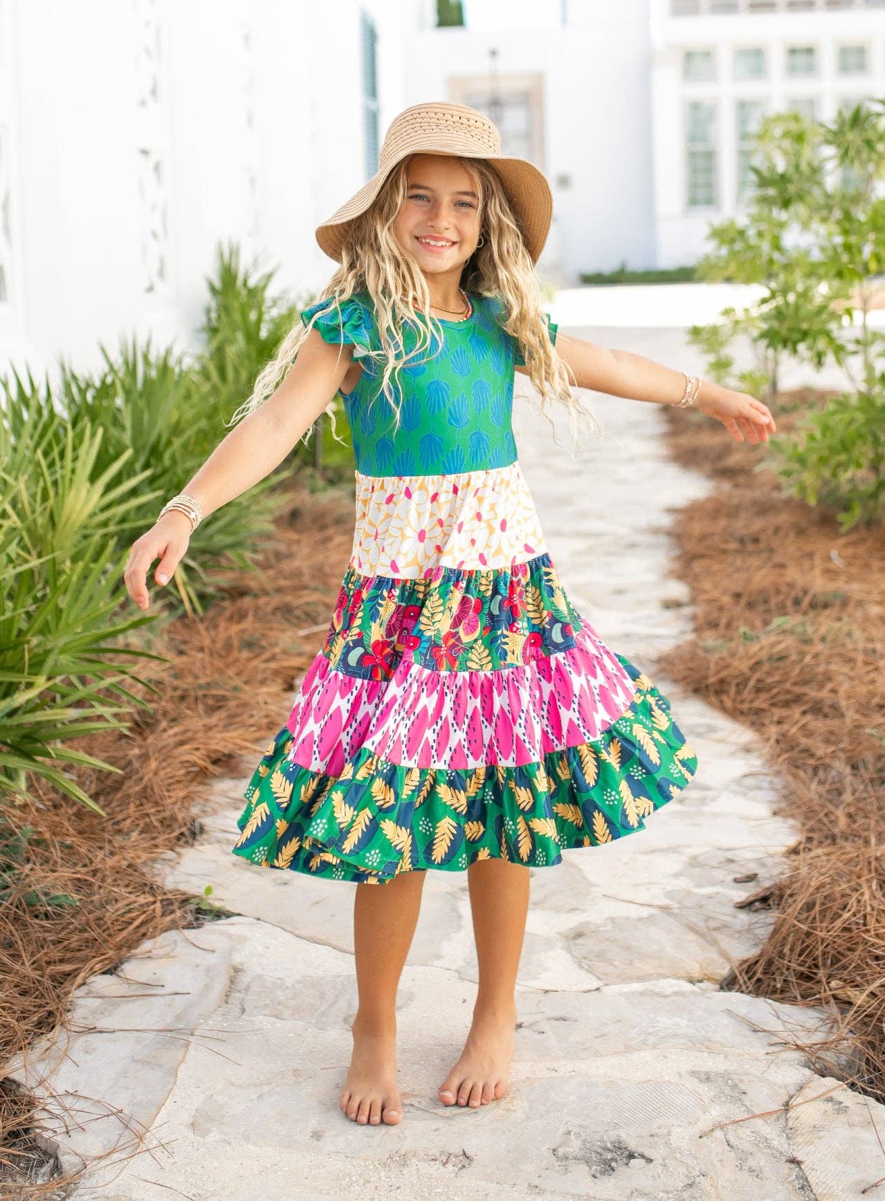 Kids Bright Pink & Green Tropical Tiered Spring Dress