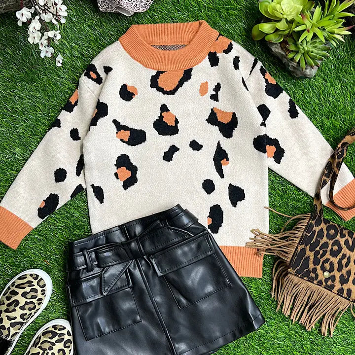 Orange and Tan Cheetah Print Knit Sweater