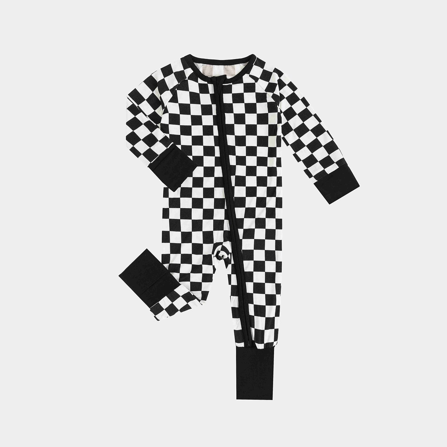 Black and White Checkerboard Design Bamboo Zipper Romper Pajamas