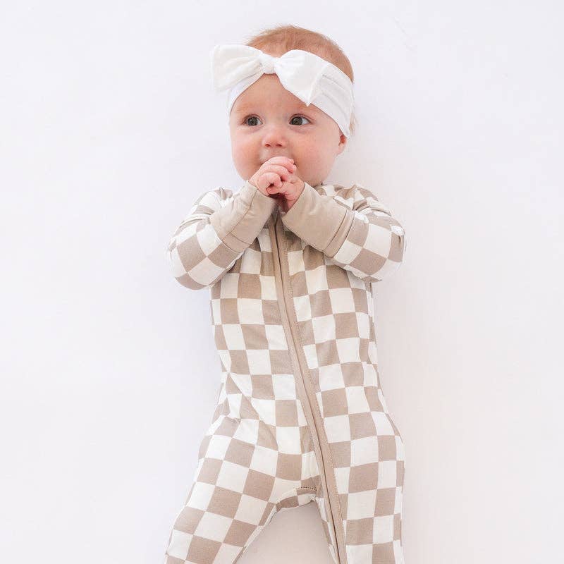 Light Gray Checkerboard Design Bamboo Zipper Romper Pajamas
