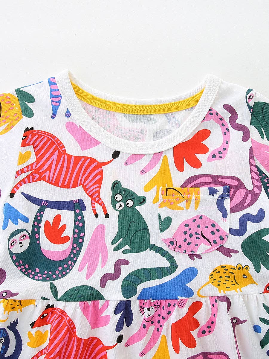 Cartoon Animal Print Short Sleeve Dress for Girls