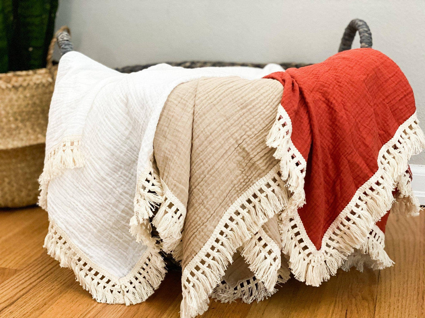 Fringe Swaddle Blanket - Tan