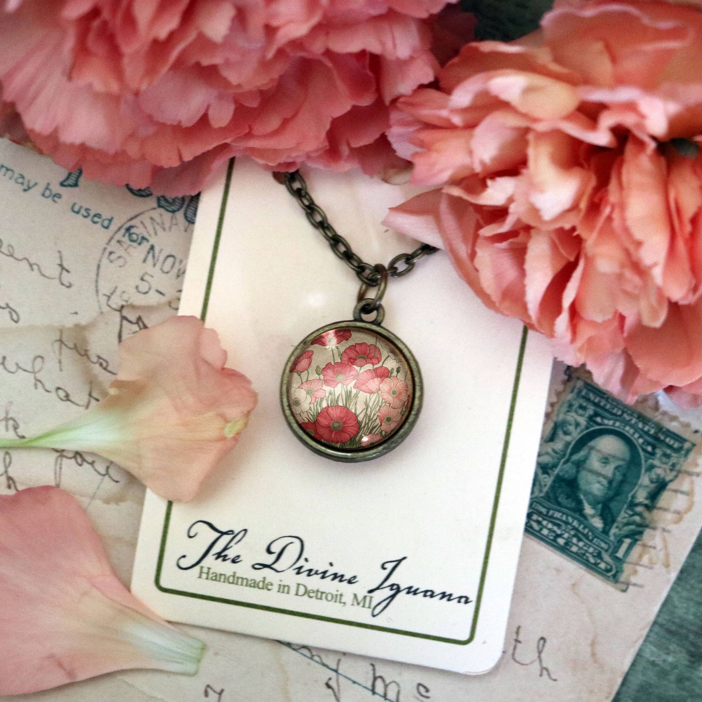 Pink Poppy Flower Simple Reversible Glass Cabochon Necklace