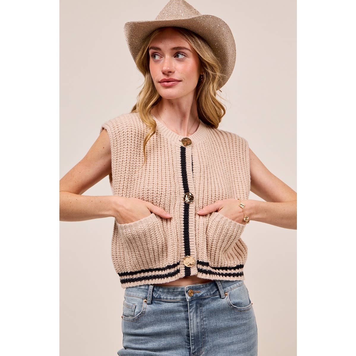 BIG METAL BUTTON FRONT STRIPE EDGE KNITTED SWEATER VEST TOP