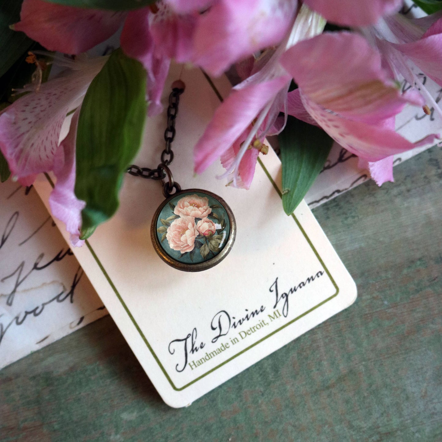 Pink Peony Simple Reversible Spring Pendant Necklace