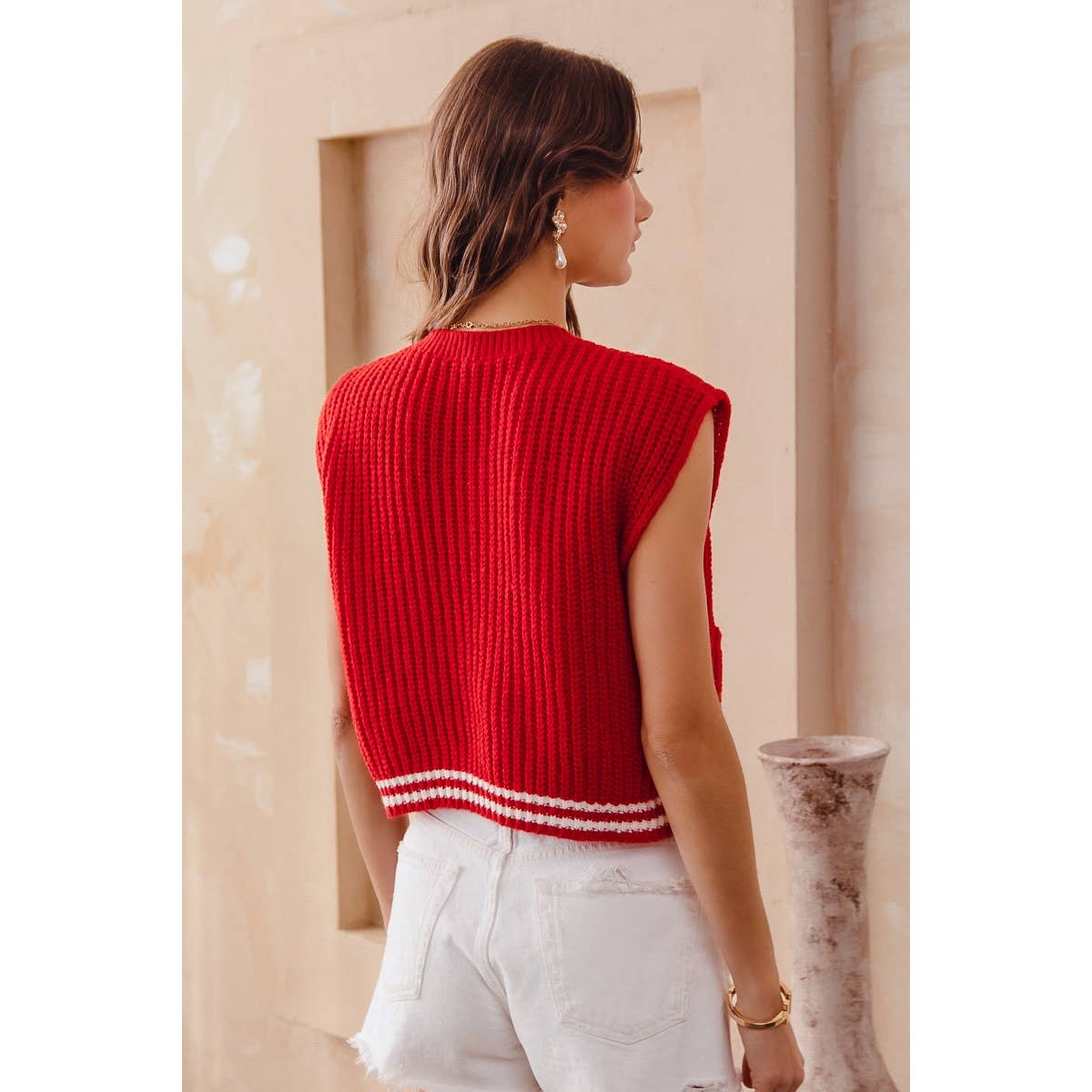 BIG METAL BUTTON FRONT STRIPE EDGE KNITTED SWEATER VEST TOP
