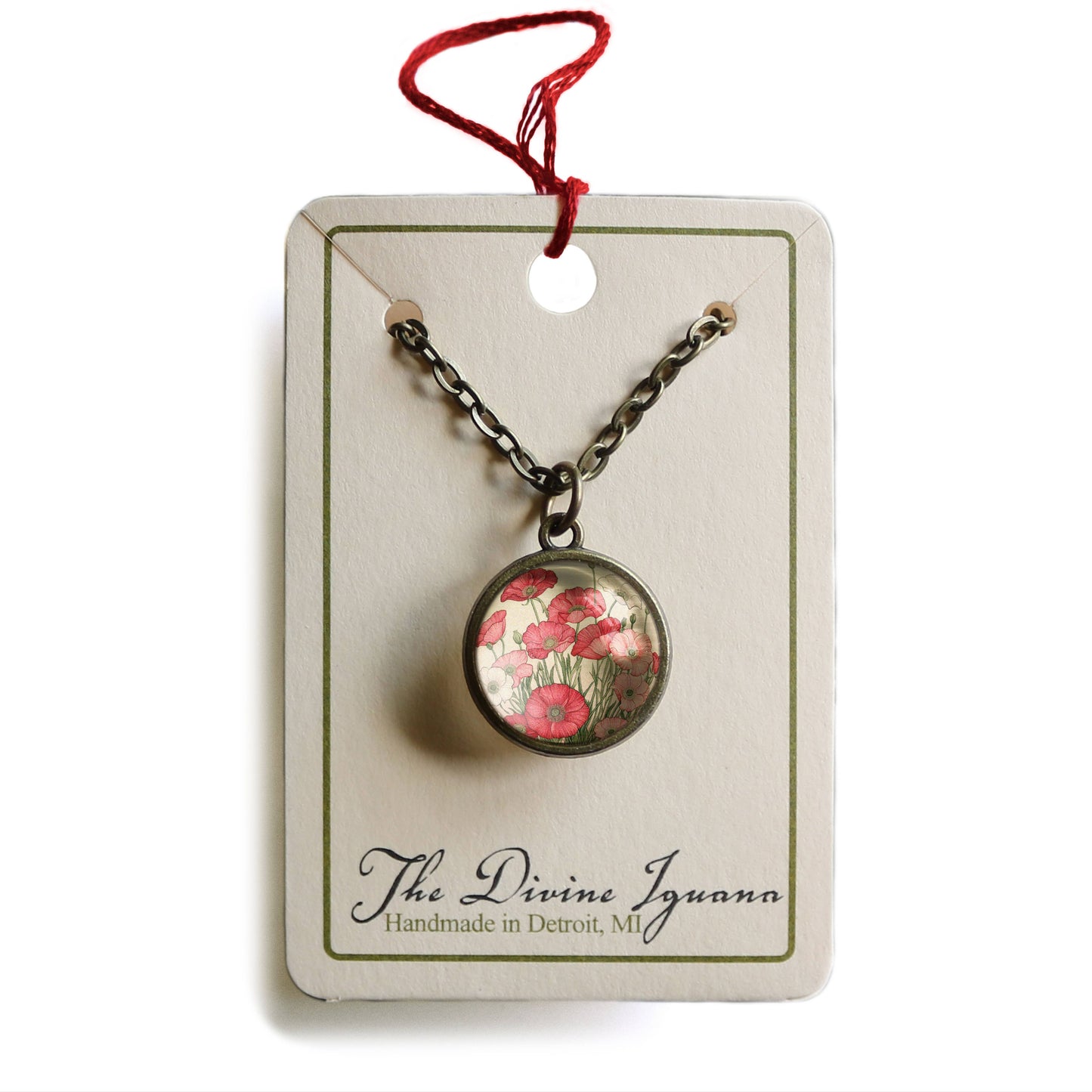 Pink Poppy Flower Simple Reversible Glass Cabochon Necklace