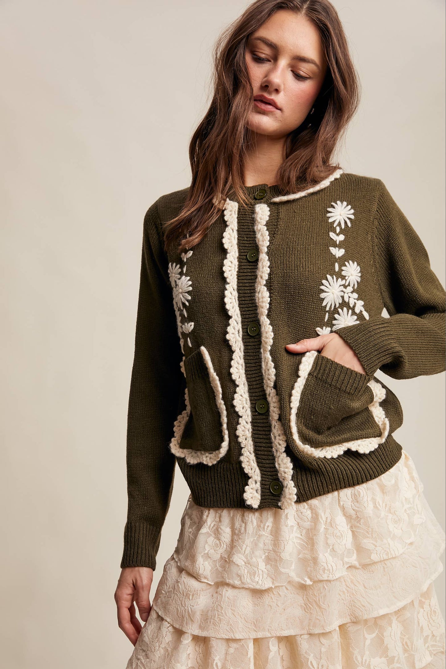 Daisy Embroidered Trim Cardigan Sweater