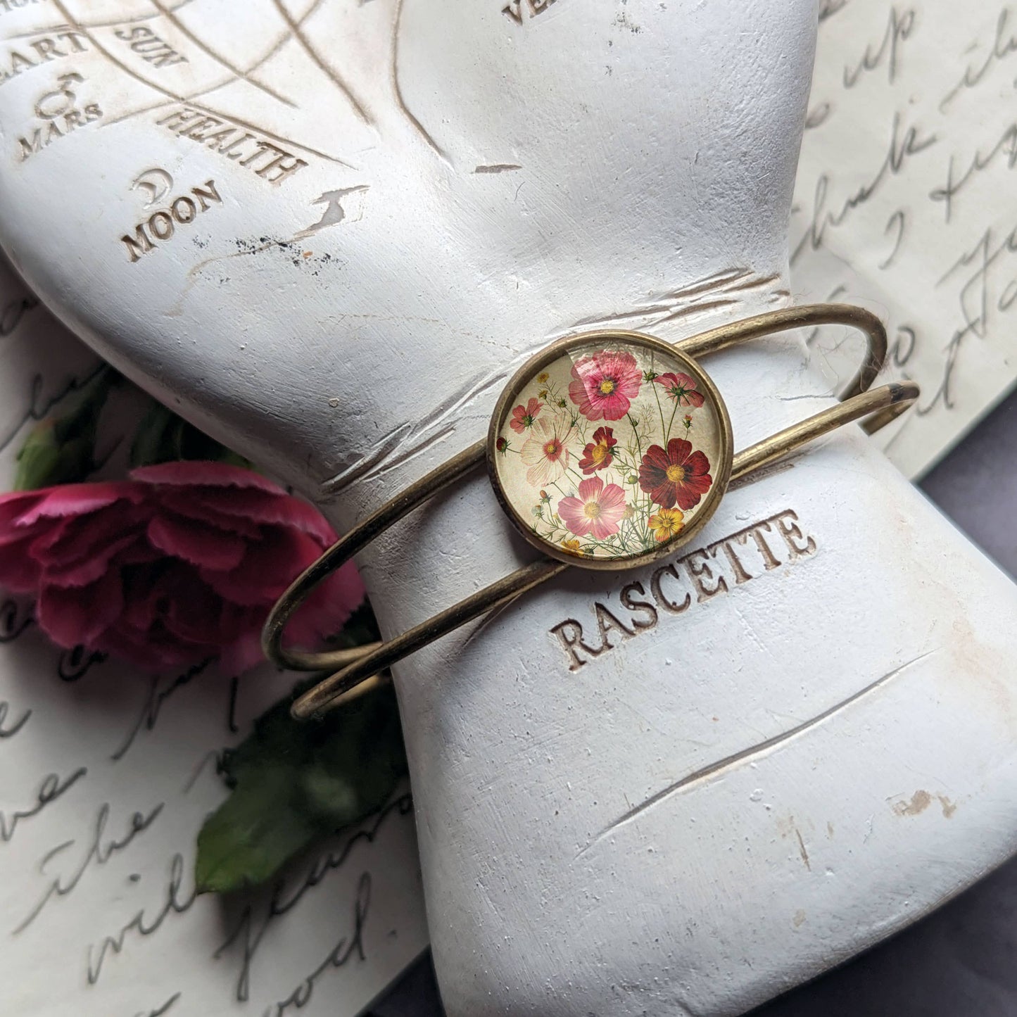 Cosmo Flowers Glass Cabochon and Brass Cuff Bracelet