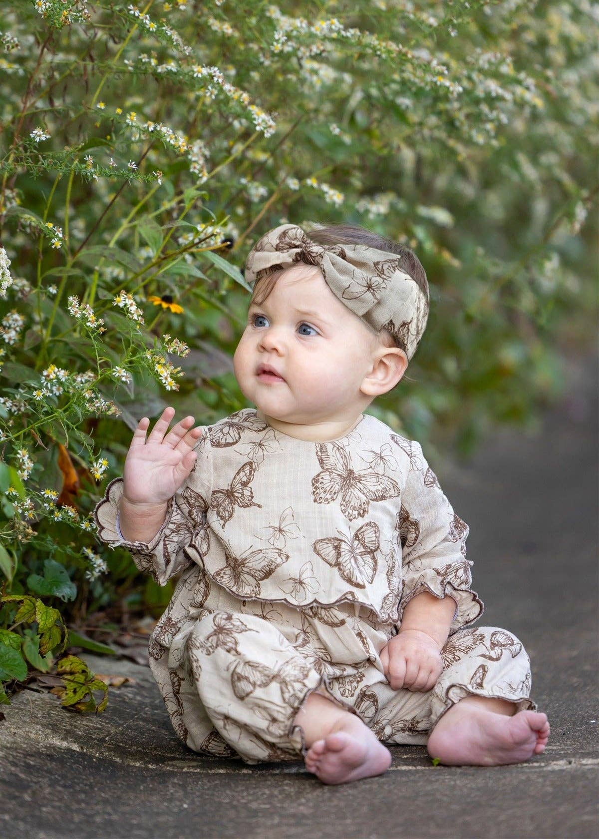 Miss Maple Long Sleeve Butterfly Print Tiered Romper