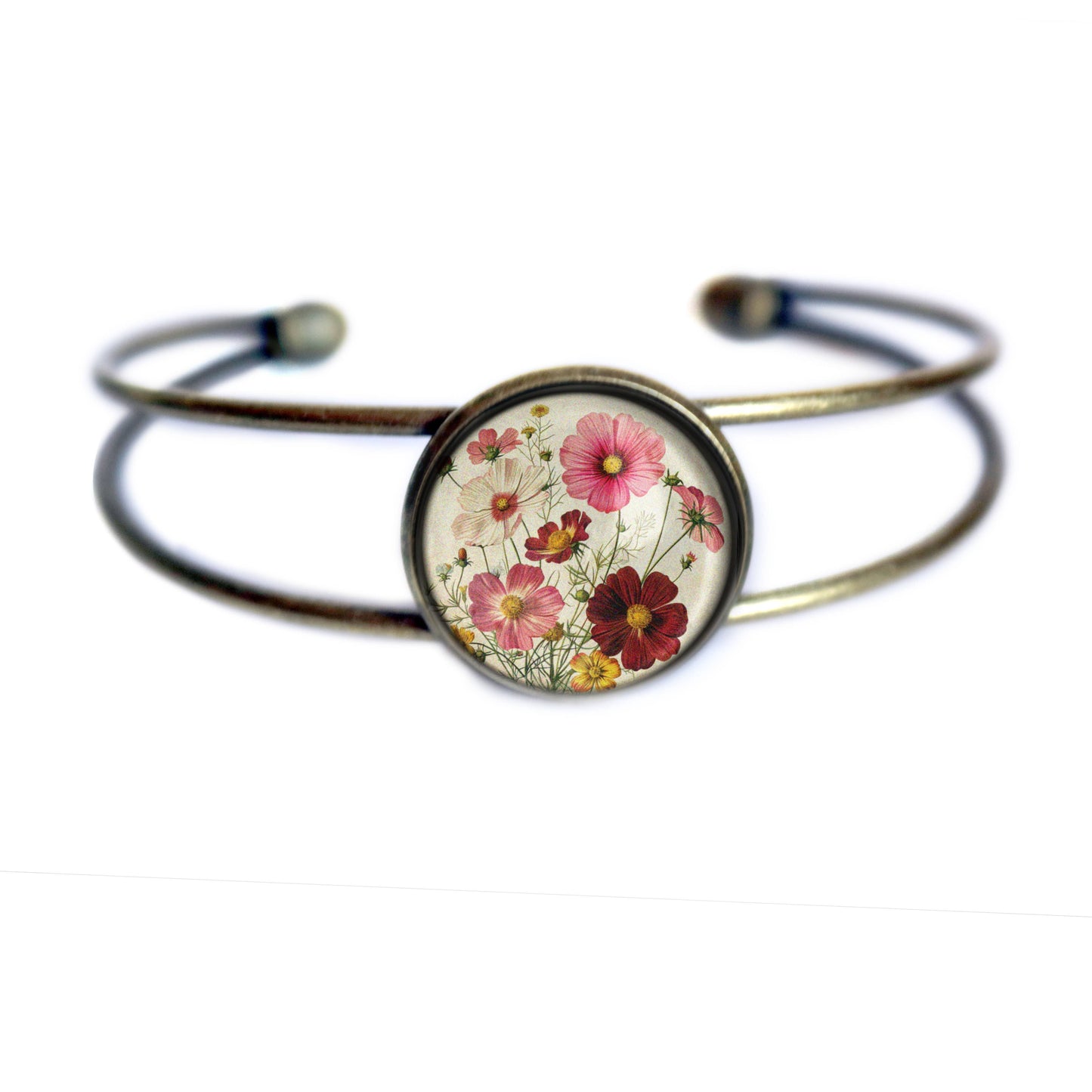 Cosmo Flowers Glass Cabochon and Brass Cuff Bracelet