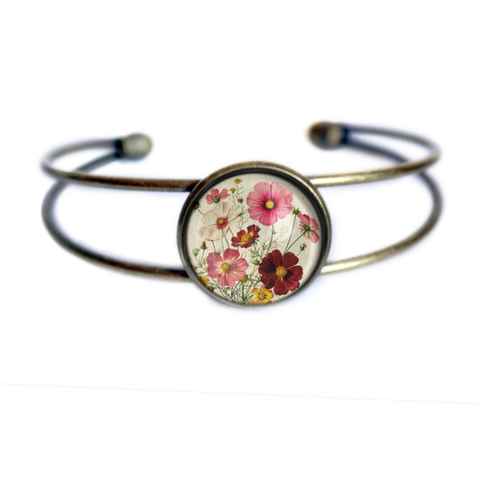 Cosmo Flowers Glass Cabochon and Brass Cuff Bracelet