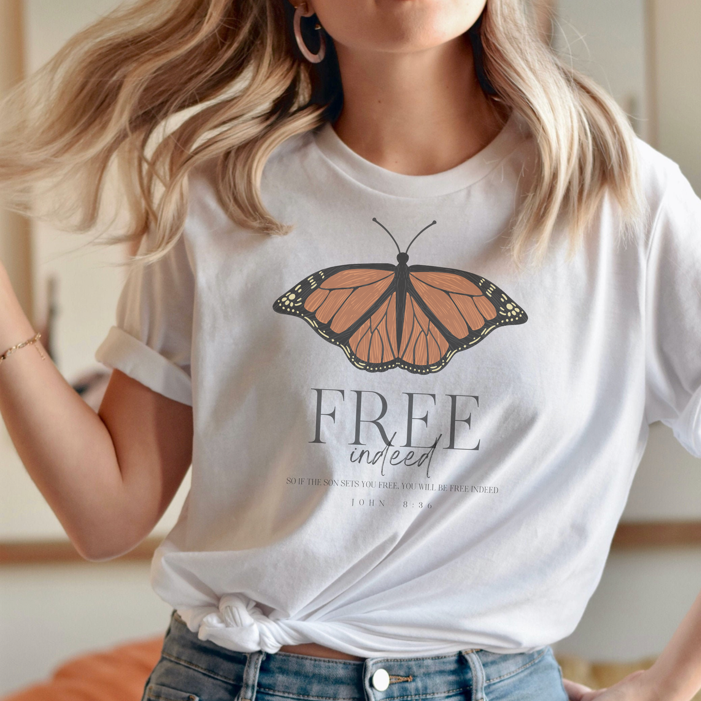 Free Indeed Monarch Butterfly Bible Verse Womens Graphic Tee