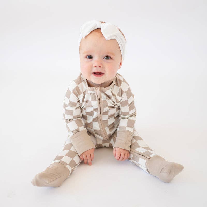 Light Gray Checkerboard Design Bamboo Zipper Romper Pajamas