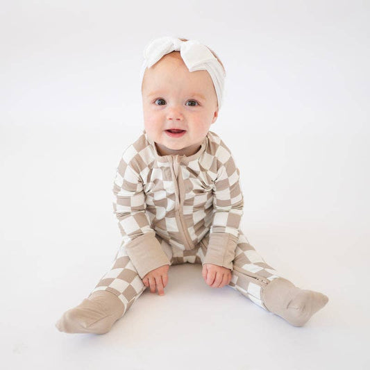 Light Gray Checkerboard Design Bamboo Zipper Romper Pajamas