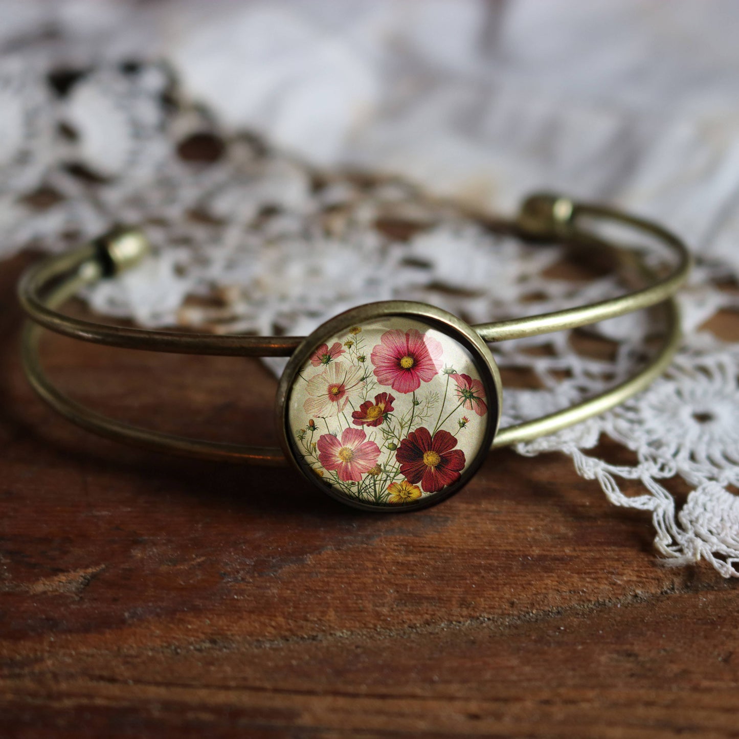 Cosmo Flowers Glass Cabochon and Brass Cuff Bracelet