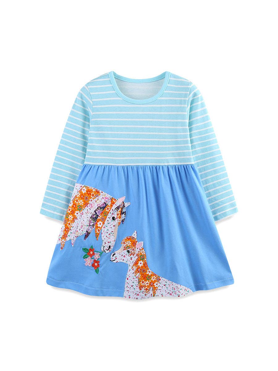 Girls Long Sleeve Cotton Dress with Pony Embroidery