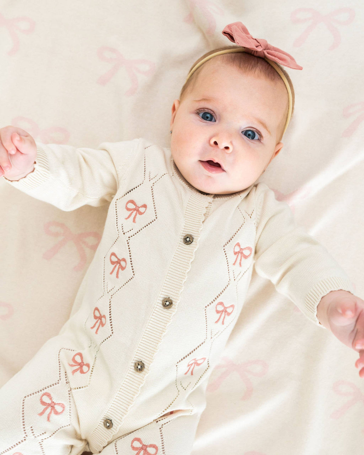 Evie Bow Pointelle Knit Baby Jumpsuit (Organic Cotton)