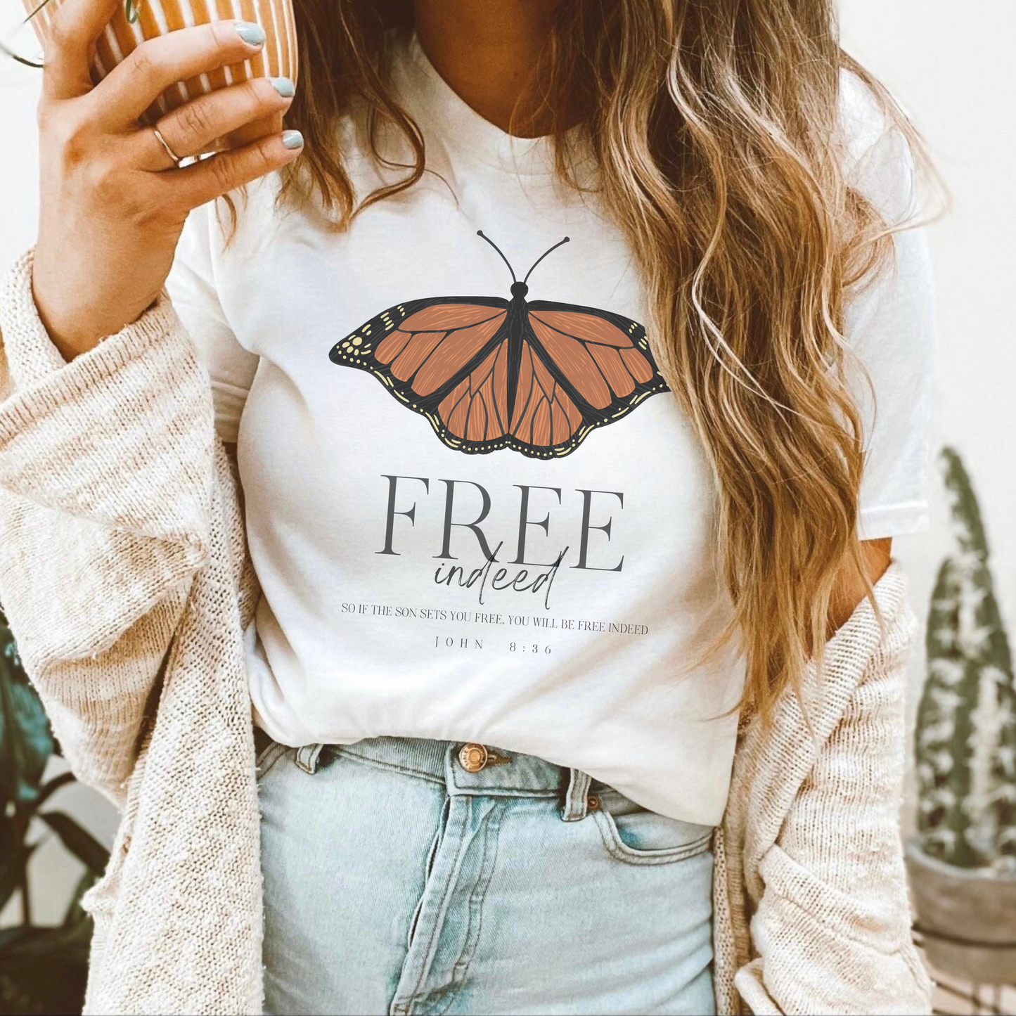Free Indeed Monarch Butterfly Bible Verse Womens Graphic Tee