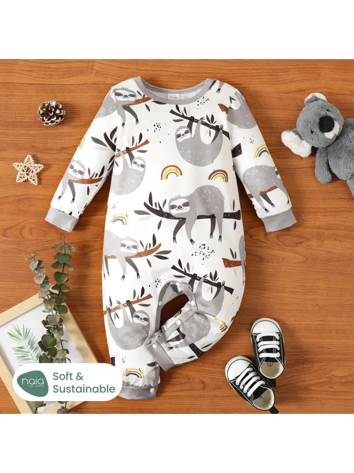 Naia™ Baby Boy Allover Sloth Print Long-Sleeve Jumpsuit